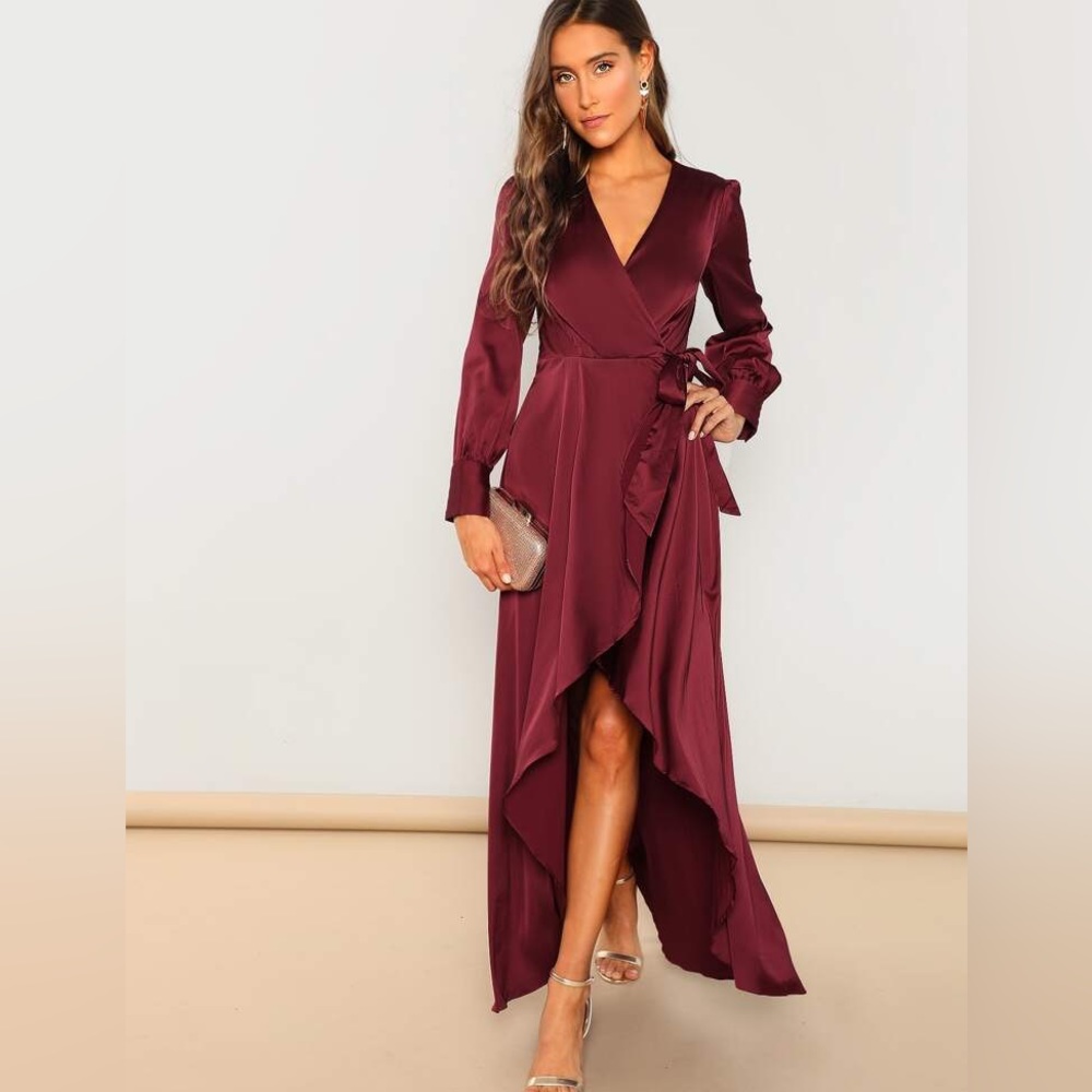 Shein red waist tie, high-low, long sleeve silk dress. Size small.